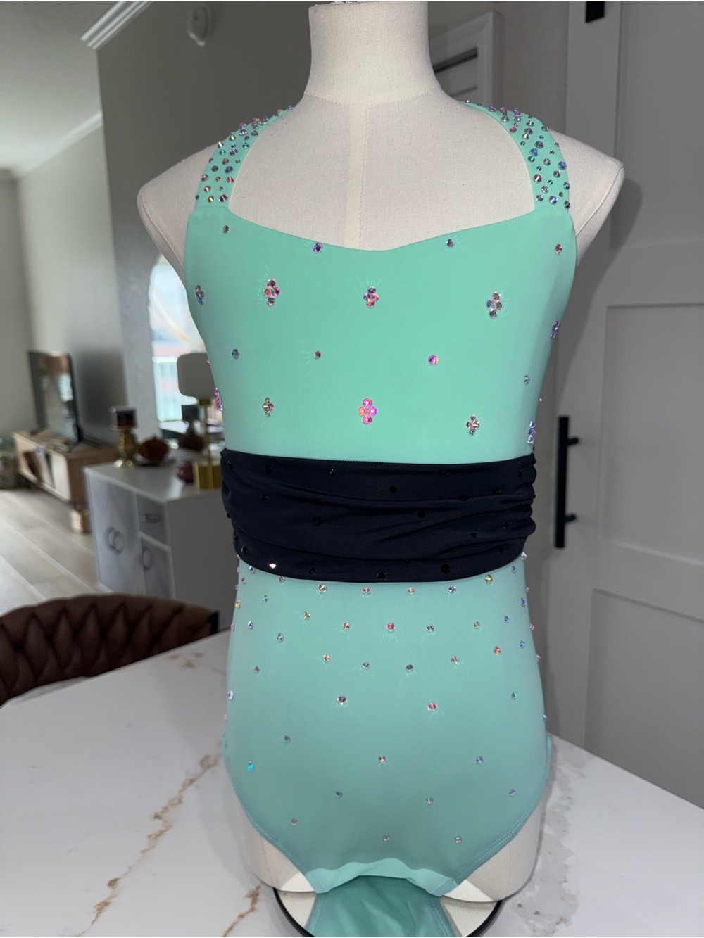 Blue and Black Rhinestone Dance Leotard Costume size adult small